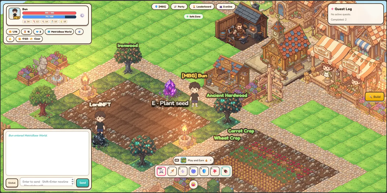 MetricBase World in-game screenshot — farm plot, resource nodes, NPC market stall and player houses
